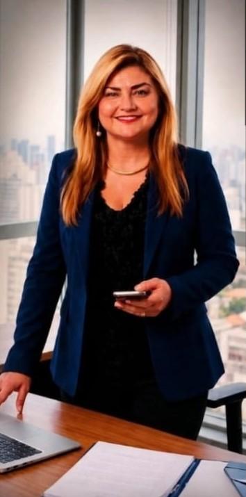 Consultora da Chave Mestra sorrindo em um escritório, de blazer azul, com o celular na mão e o notebook sobre a mesa.